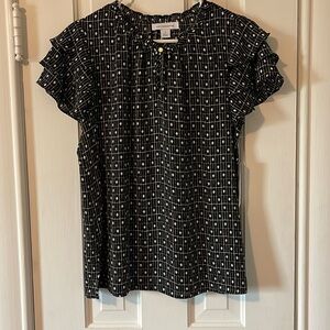 Liz Claiborne Black and White Ruffled Short Sleeve Blouse